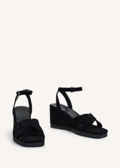 Linzi Imogen Black Faux Suede Covered Crossover Wedge