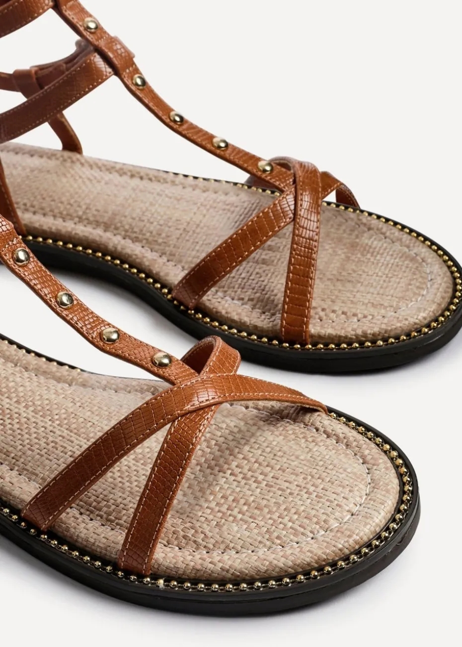 Linzi Indiana Tan Faux Leather Studded Gladiator Style Sandal
