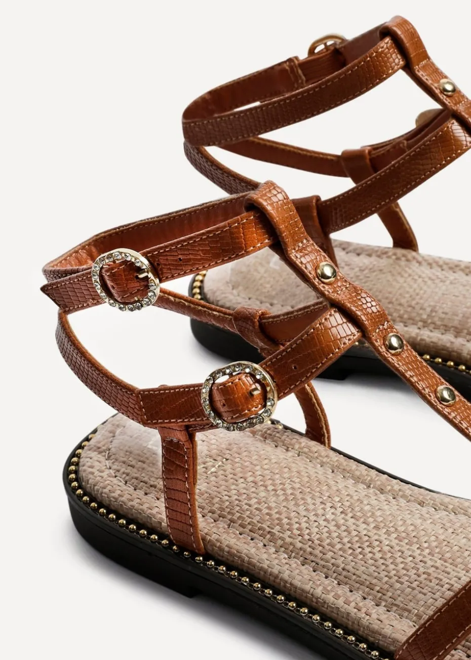 Linzi Indiana Tan Faux Leather Studded Gladiator Style Sandal