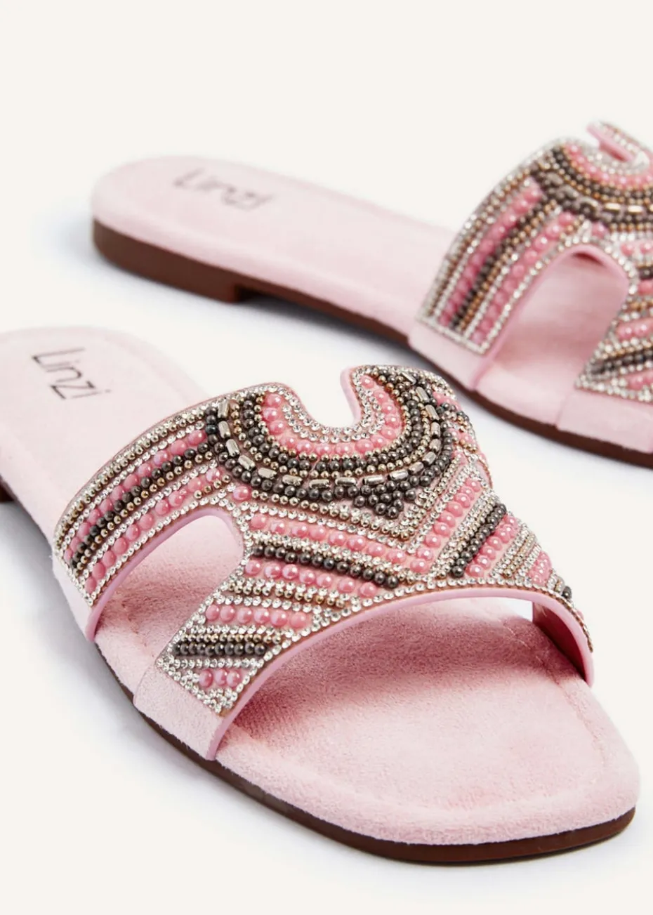 Linzi Indira Baby Pink Suede Aztec Design Embellished Slider Sandal