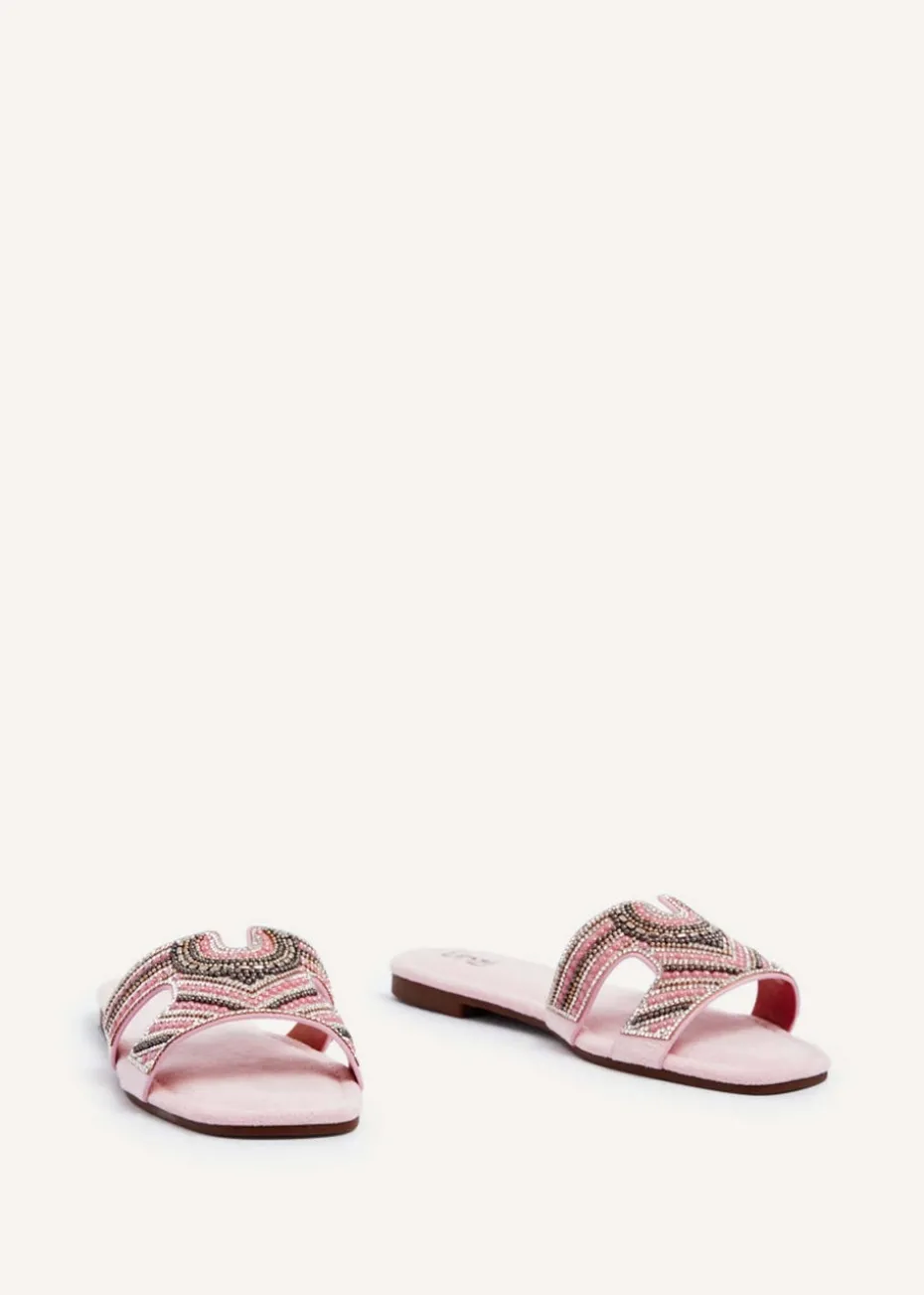 Linzi Indira Baby Pink Suede Aztec Design Embellished Slider Sandal