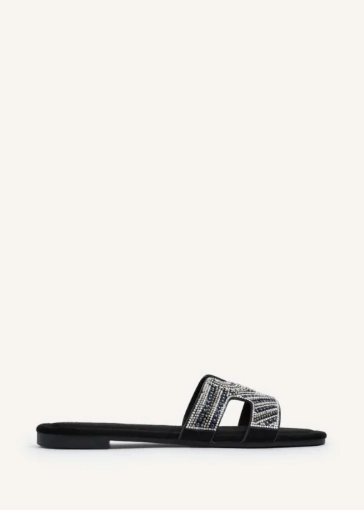 Linzi Indira Black Suede Aztec Design Embellished Slider Sandal