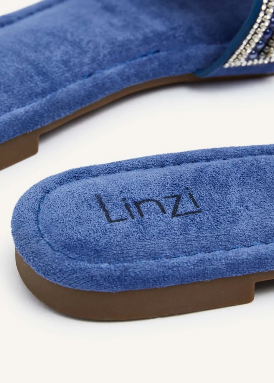 Linzi Indira Cobalt Blue Suede Aztec Design Embellished Slider Sandal