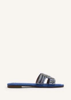 Linzi Indira Cobalt Blue Suede Aztec Design Embellished Slider Sandal