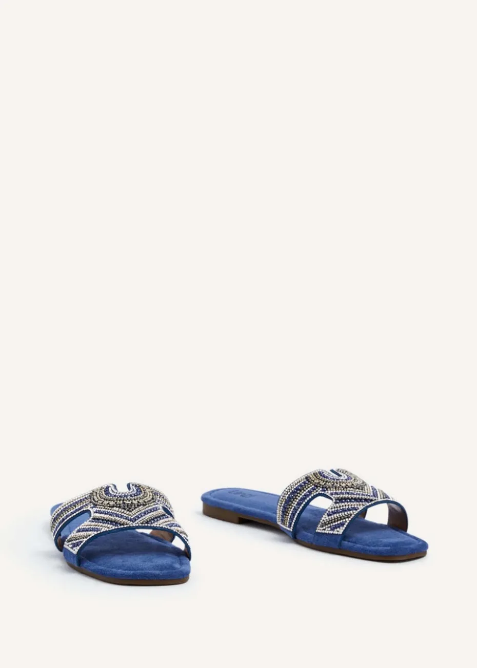 Linzi Indira Cobalt Blue Suede Aztec Design Embellished Slider Sandal