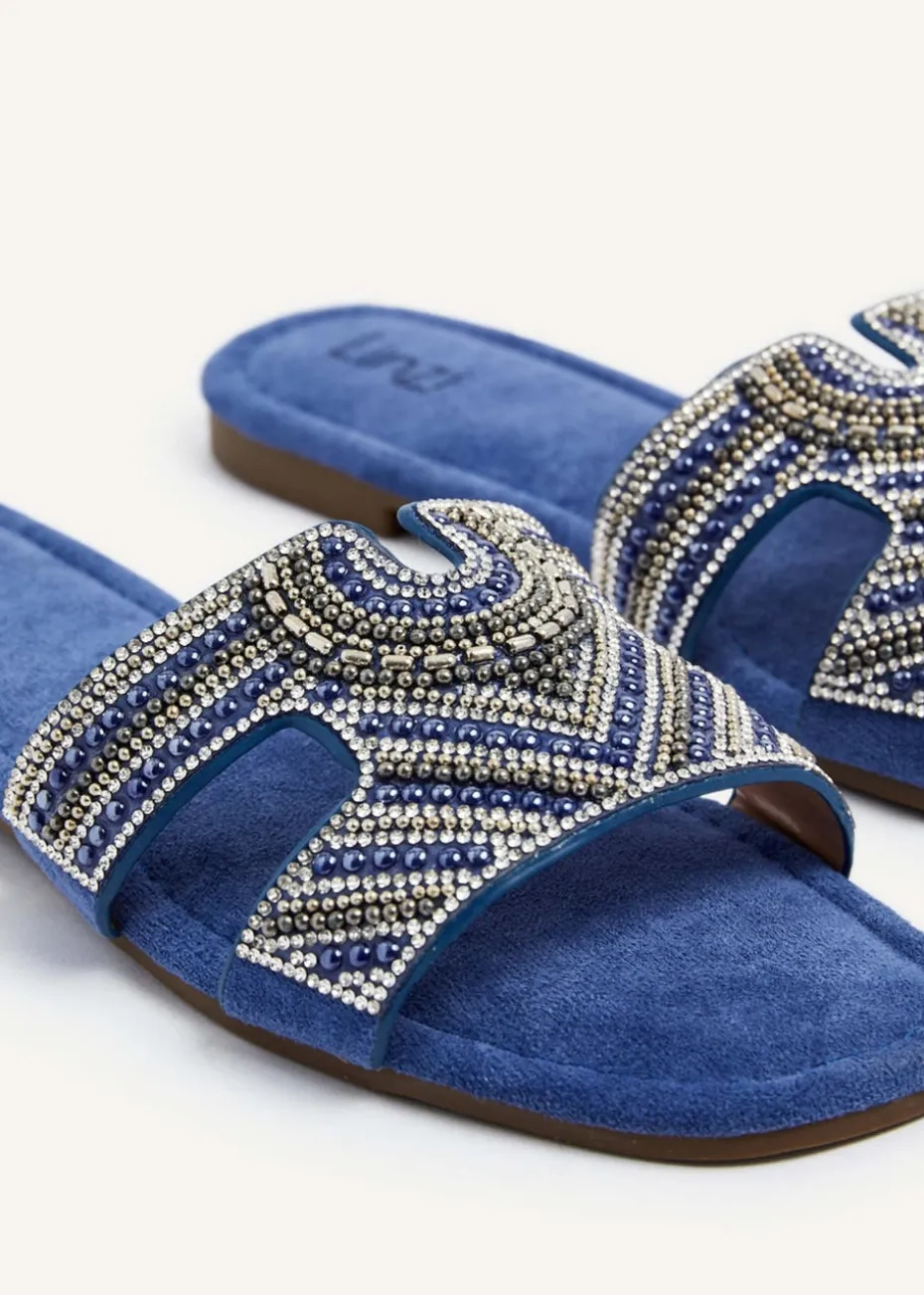 Linzi Indira Cobalt Blue Suede Aztec Design Embellished Slider Sandal