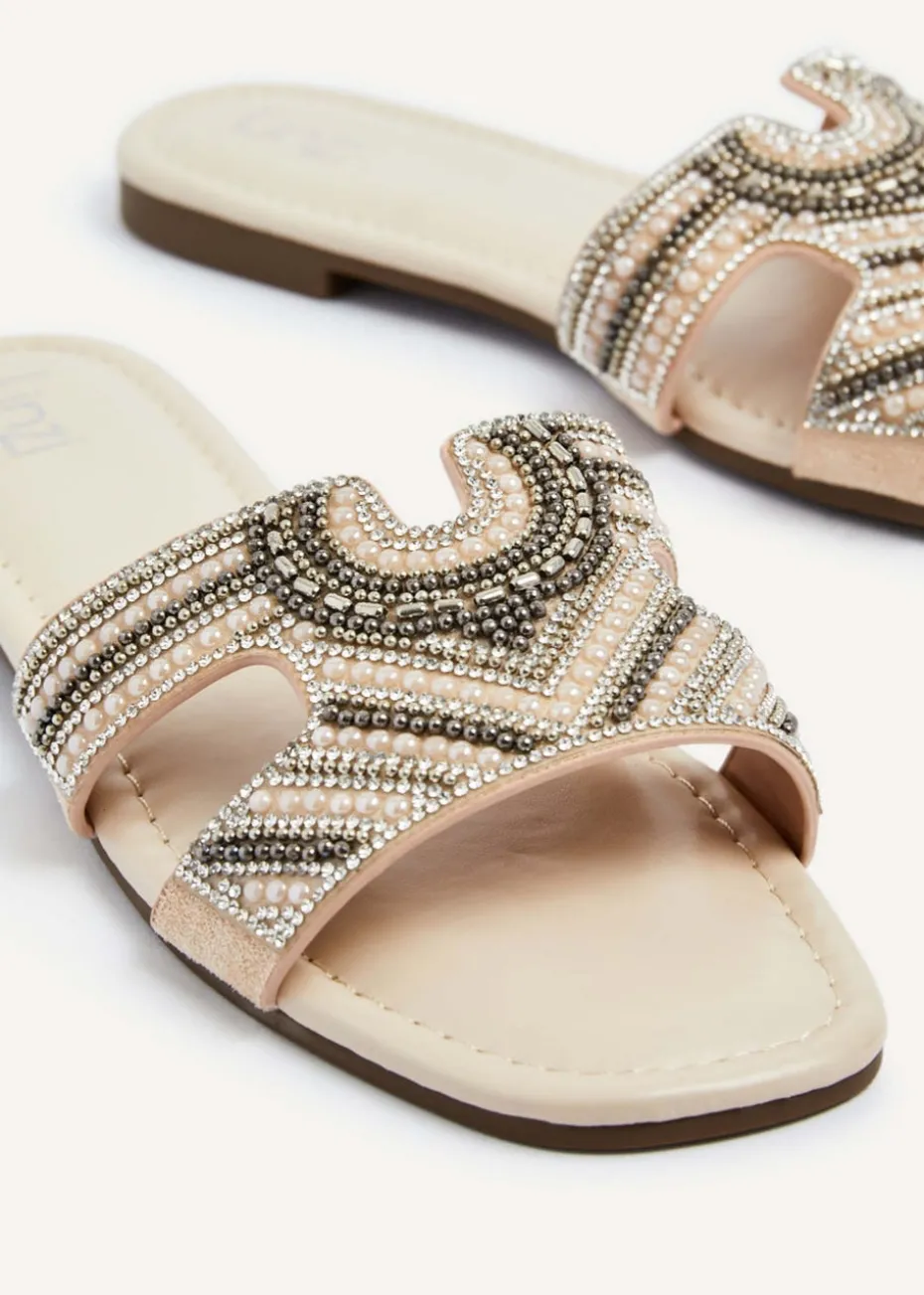 Linzi Indira Nude Faux Leather Aztec Design Embellished Slider Sandal