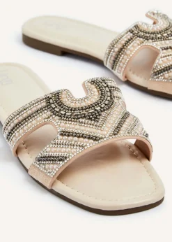 Linzi Indira Nude Faux Leather Aztec Design Embellished Slider Sandal