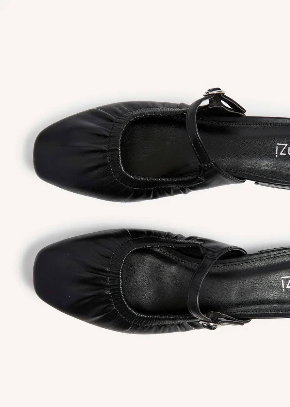 Linzi Isadora Black Faux Leather Ruched Front Open Toe Mary Jane Mule