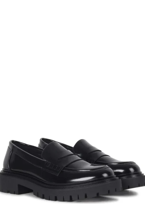 Linzi Ivan Black Faux High Shine Leather Classic Chunky Loafer