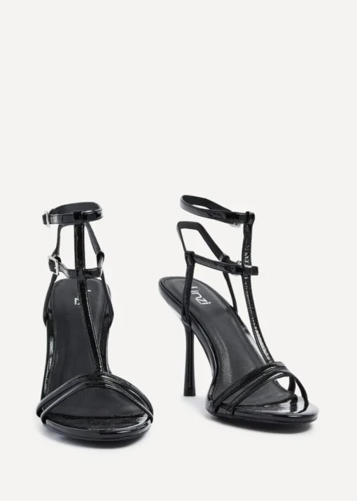 Linzi Jada Black Patent T-Bar Strappy Stiletto Heels