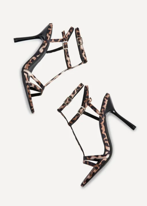 Linzi Jada Leopard Print T-Bar Strappy Stiletto Heels