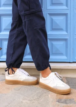 Linzi Kaia White & Grey Faux Leather Lace Up Flatform Trainers
