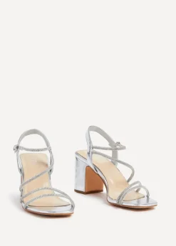 Linzi Kira Silver Faux Leather Strappy Diamante Block Heel