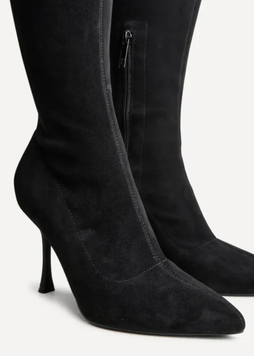 Linzi Laney Black Faux Suede Thigh High Strech Stiletto Heel Boot