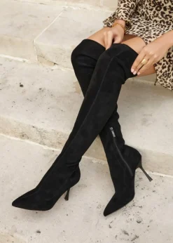 Linzi Laney Black Faux Suede Thigh High Strech Stiletto Heel Boot
