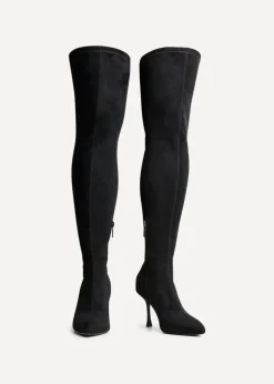 Linzi Laney Black Faux Suede Thigh High Strech Stiletto Heel Boot