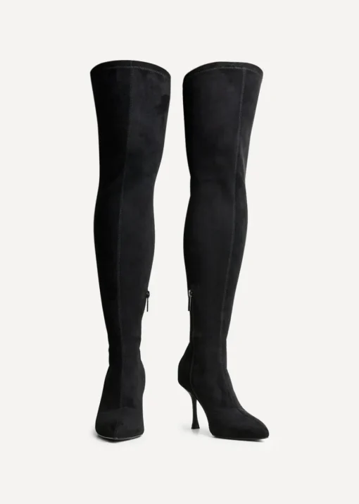 Linzi Laney Black Faux Suede Thigh High Strech Stiletto Heel Boot