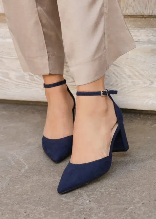 Linzi Leona Navy Faux Suede Closed Back Block Heeled Court Shoe