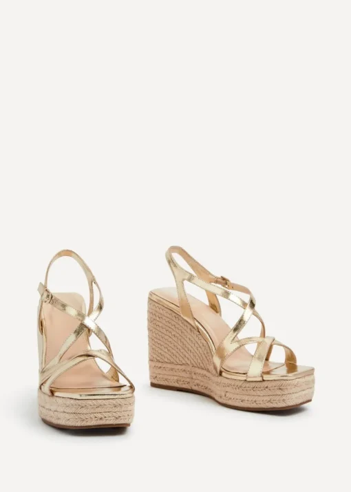 Linzi Lexie Gold Faux Leather Strappy Square Toe Rope Wedge