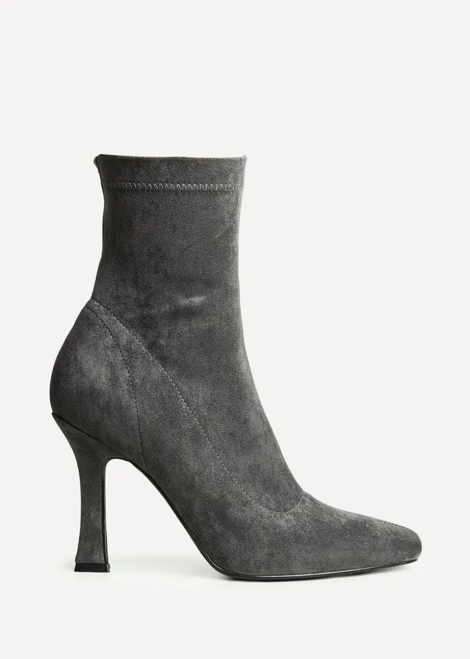 Linzi Lovato Grey Faux Suede Square Toe Heeled Sock Boot