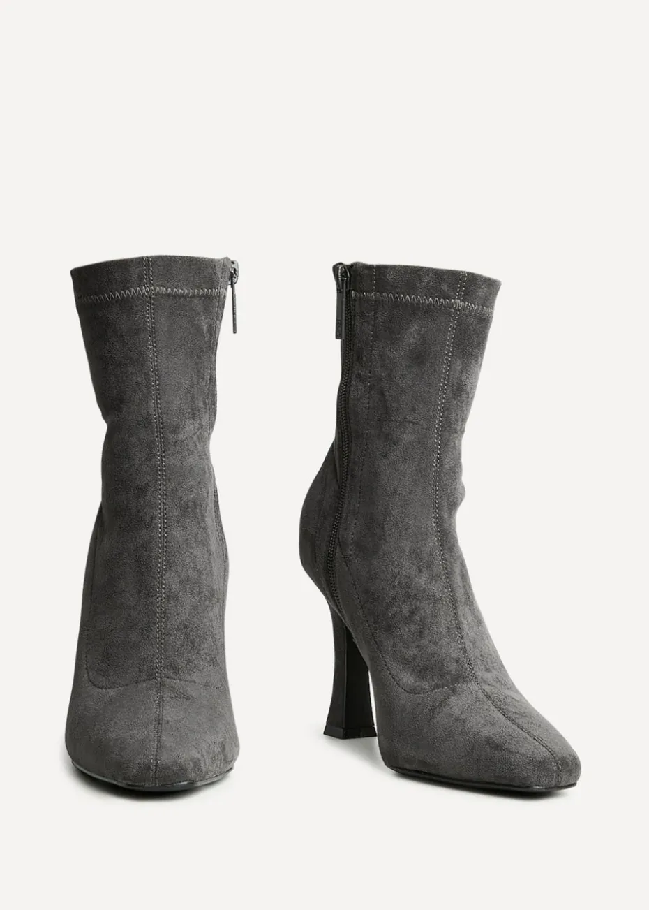 Linzi Lovato Grey Faux Suede Square Toe Heeled Sock Boot