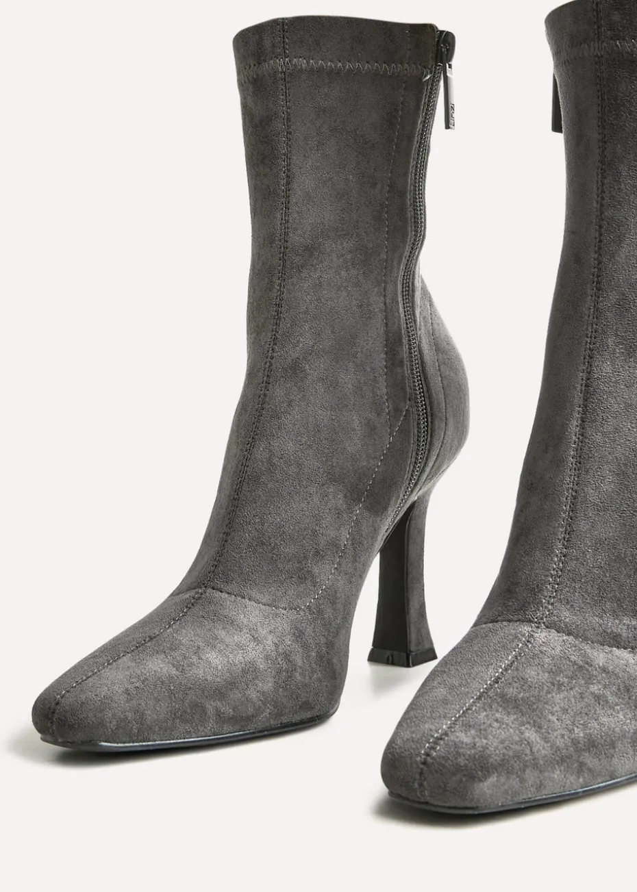Linzi Lovato Grey Faux Suede Square Toe Heeled Sock Boot
