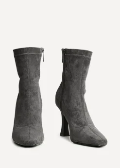 Linzi Lovato Grey Faux Suede Square Toe Heeled Sock Boot