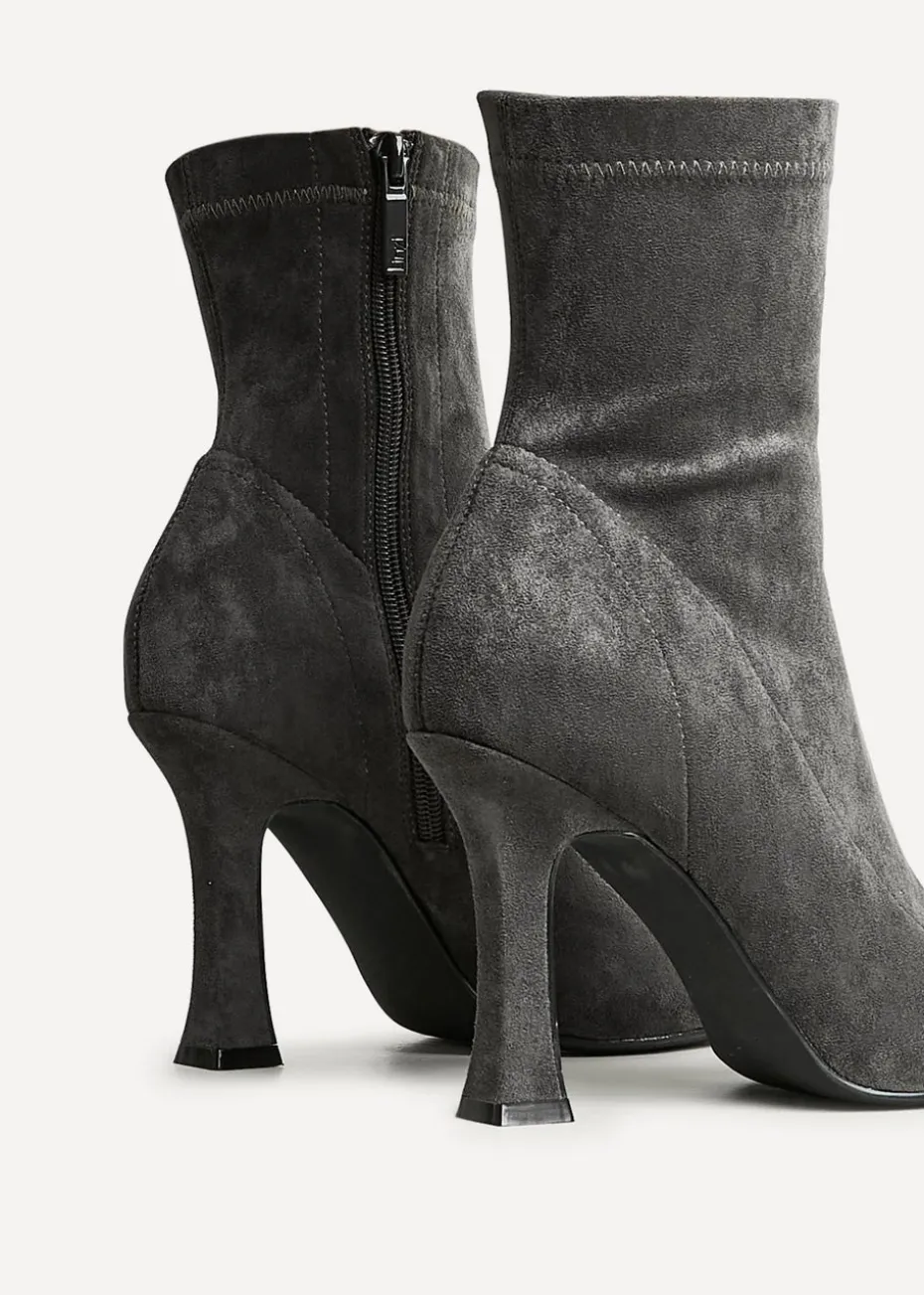 Linzi Lovato Grey Faux Suede Square Toe Heeled Sock Boot