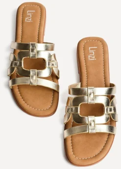 Linzi Lupita Gold Faux Leather Linked Flat Slider Sandal