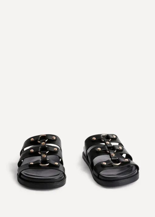 Linzi Marcia Black Faux Leather Studded Gladiator Slip On Sandals