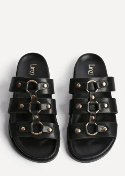 Linzi Marcia Black Faux Leather Studded Gladiator Slip On Sandals