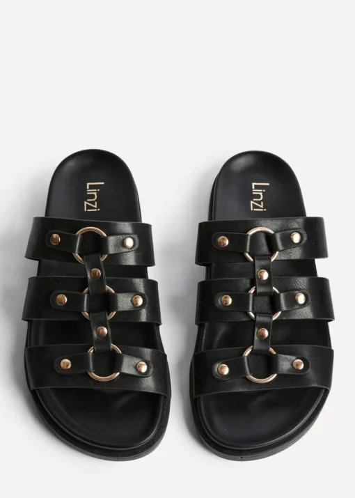 Linzi Marcia Black Faux Leather Studded Gladiator Slip On Sandals