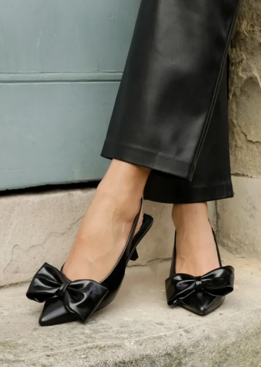 Linzi Merlot Black Faux Leather Slingback Court Heels