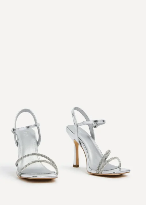 Linzi Mesmerize Silver Faux Leather Square Toe Diamonte Embellished Heel