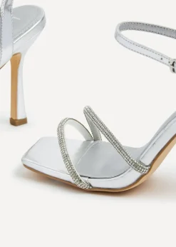 Linzi Mesmerize Silver Faux Leather Square Toe Diamonte Embellished Heel