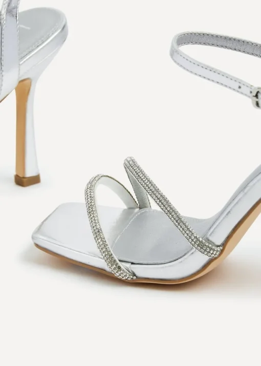Linzi Mesmerize Silver Faux Leather Square Toe Diamonte Embellished Heel