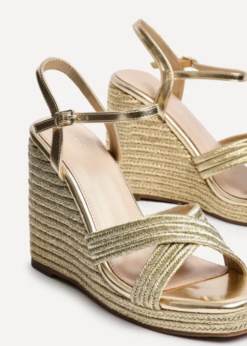 Linzi Nikki Gold Rope Crossover Platform Wedge