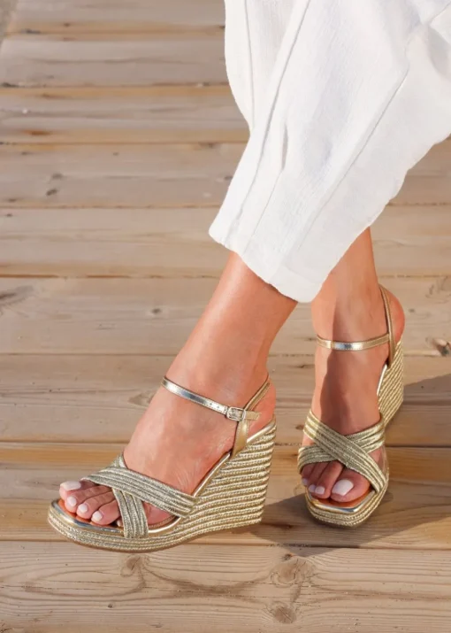 Linzi Nikki Gold Rope Crossover Platform Wedge