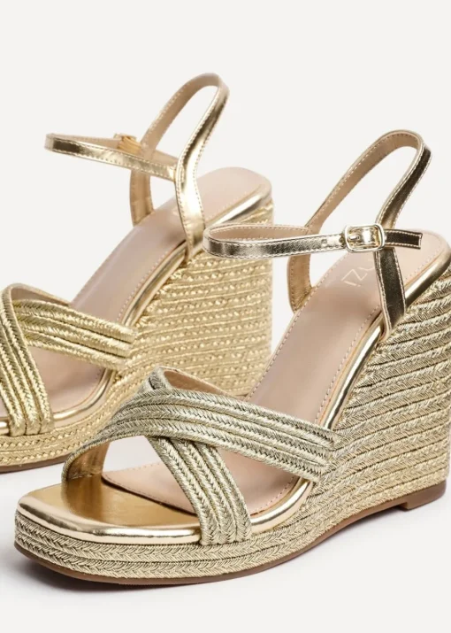 Linzi Nikki Gold Rope Crossover Platform Wedge