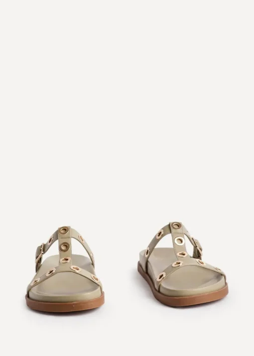 Linzi Notice Sage Green Faux Leather Studded Flat Sandals