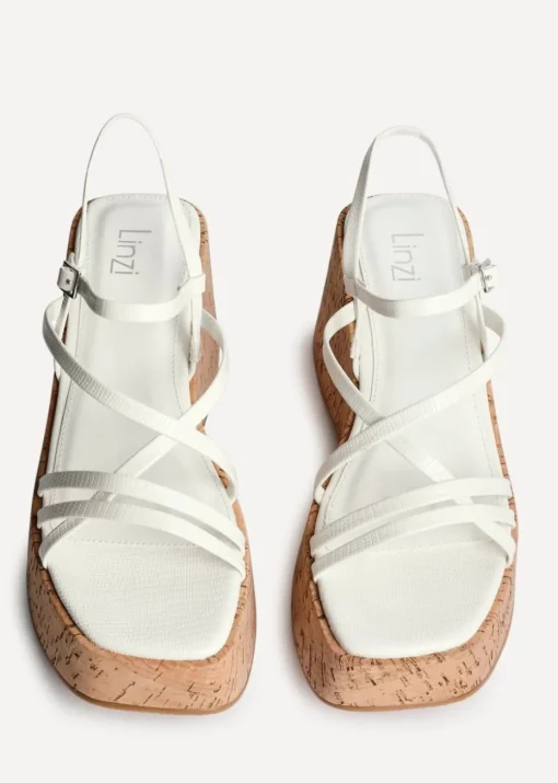 Linzi Orbit White Faux Lizard Strappy Cork Flatform Sandal