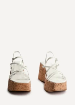Linzi Orbit White Faux Lizard Strappy Cork Flatform Sandal