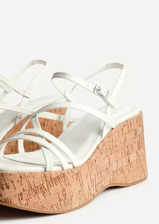 Linzi Orbit White Faux Lizard Strappy Cork Flatform Sandal