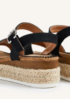 Linzi Panama Black Raffia Two Part Espadrille Inspired Flatform Sandal