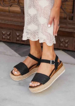 Linzi Panama Black Raffia Two Part Espadrille Inspired Flatform Sandal