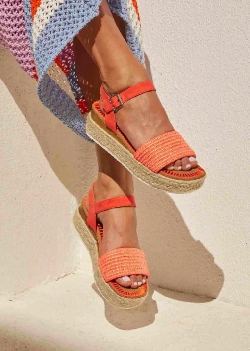 Linzi Panama Orange Raffia Two Part Espadrille Inspired Flatform Sandal
