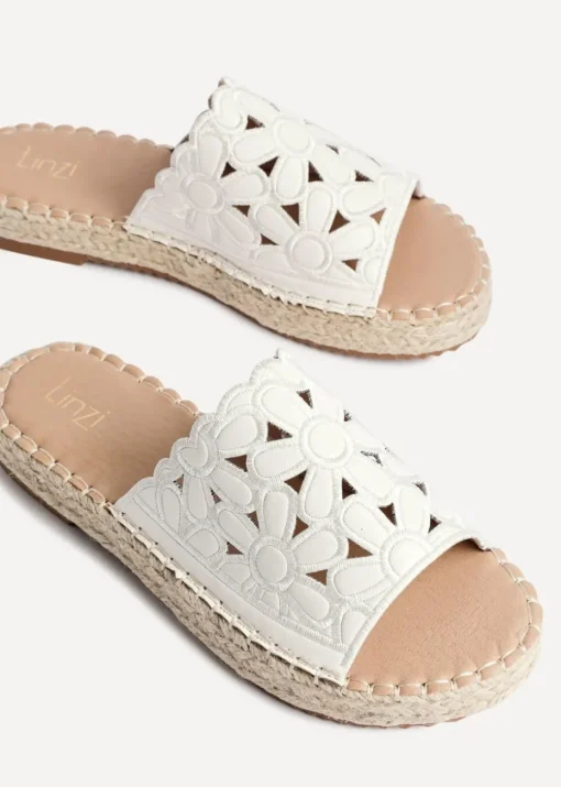 Linzi Parade White Faux Leather Floral Espadrille Flatform Slider