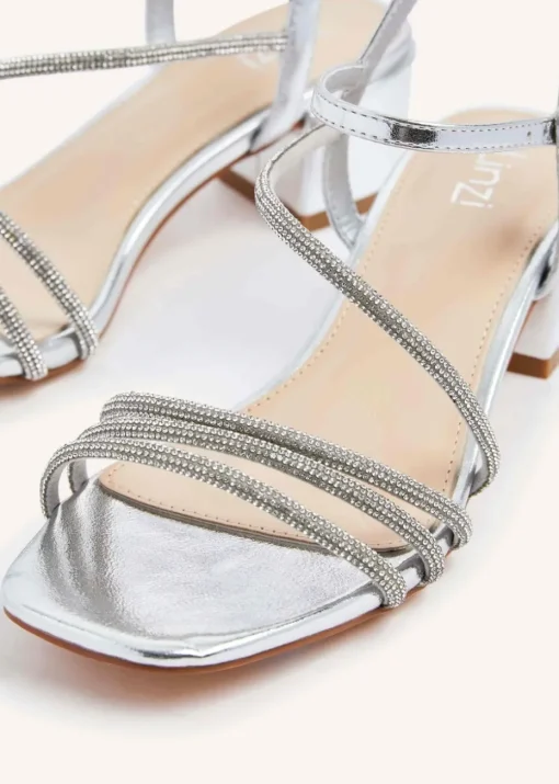 Linzi Riri Silver Faux Leather Diamante Strappy Block Heeled Sandal
