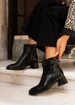 Linzi Sable Black Faux Leather Block Heeled Ankle Boot